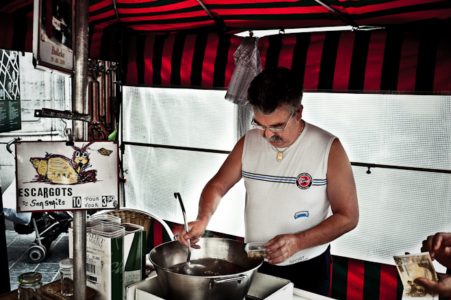 Serving up brothy escargot for only 5 euro a pop. 